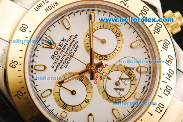 Rolex Daytona Chronograph Swiss Valjoux 7750 Automatic Movement Steel Case with White Dial and Gold Bezel-Two Tone Strap - Click Image to Close